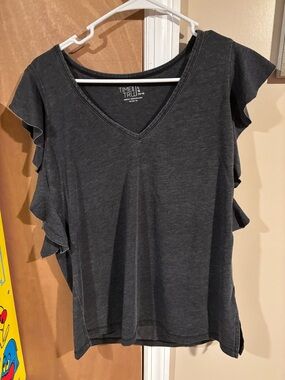 Time and Tru Charcoal Black V-Neck Ruffle Sleeve Top